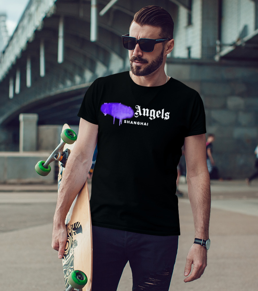Palm Angels Black Cotton Sprayed Shanghai Purple Drip T-Shirt