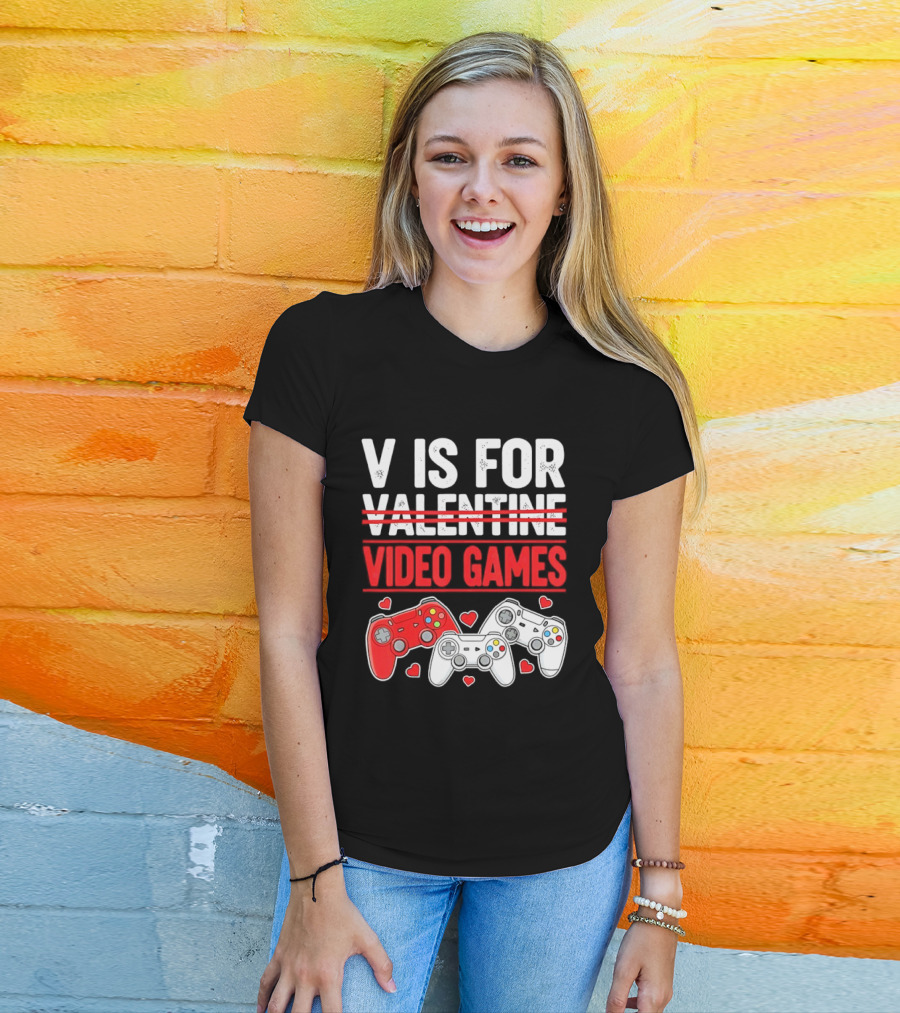 V Is For Video Games Valentines Controllers Hearts T-Shirt
