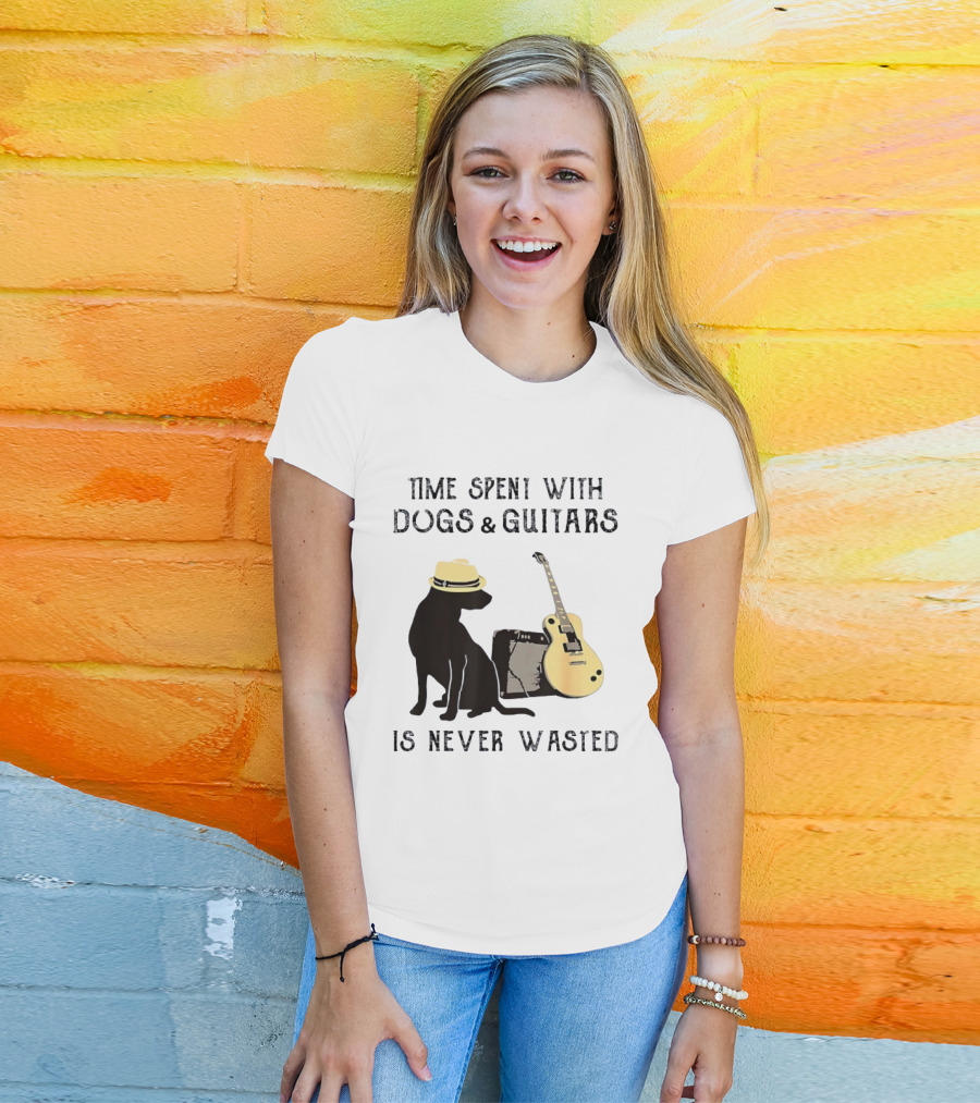 Time Spent With Dogs And Guitars Is Never Wasted Music Lovers Dog Lovers T-Shirt