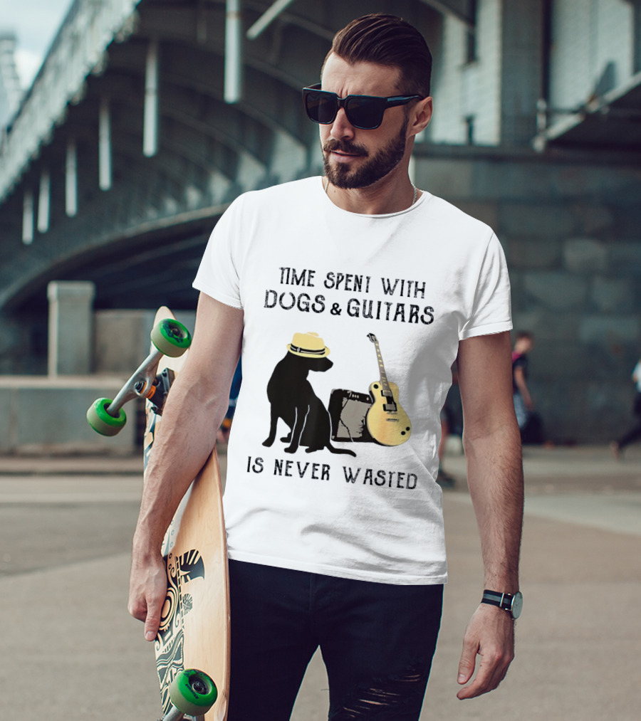 Time Spent With Dogs And Guitars Is Never Wasted Music Lovers Dog Lovers T-Shirt
