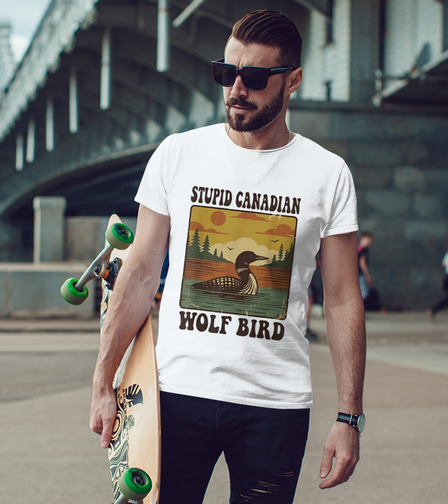 Stupid Canadian Wolf Bird Vintage Sunset Retro Lake Scene T-Shirt