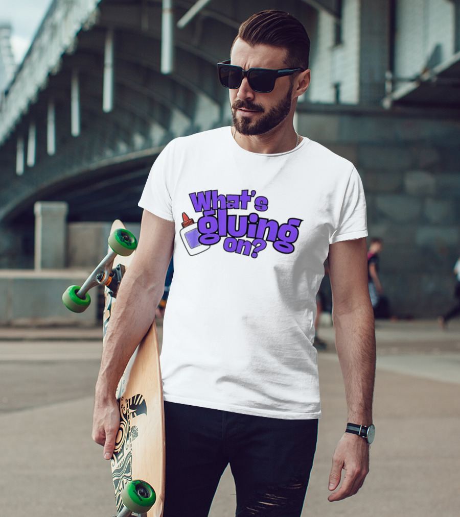 What's Gluing On Purple Text With Red Cap And Paper T-Shirt
