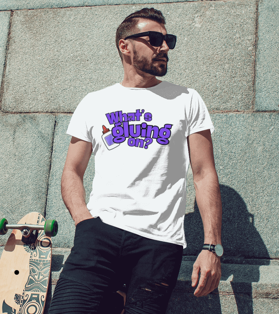 What's Gluing On Purple Text With Red Cap And Paper T-Shirt