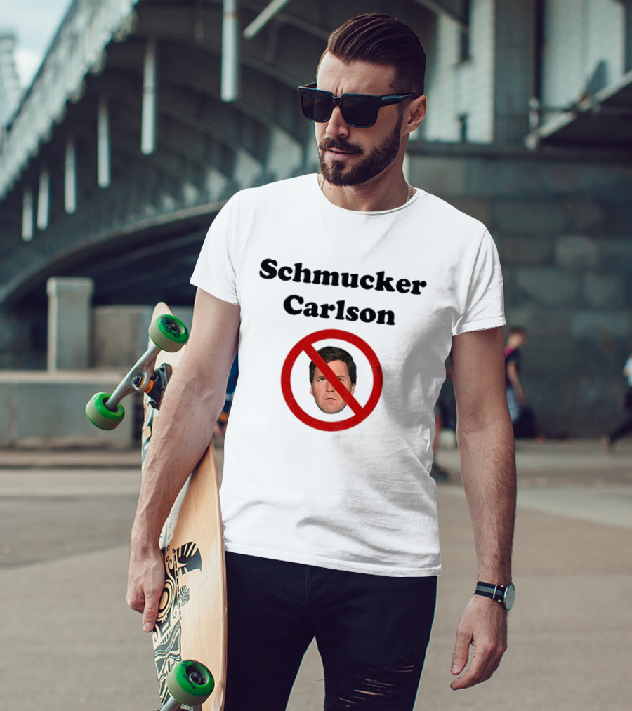 Schmucker Carlson Face Inside Red Prohibition Circle T-Shirt