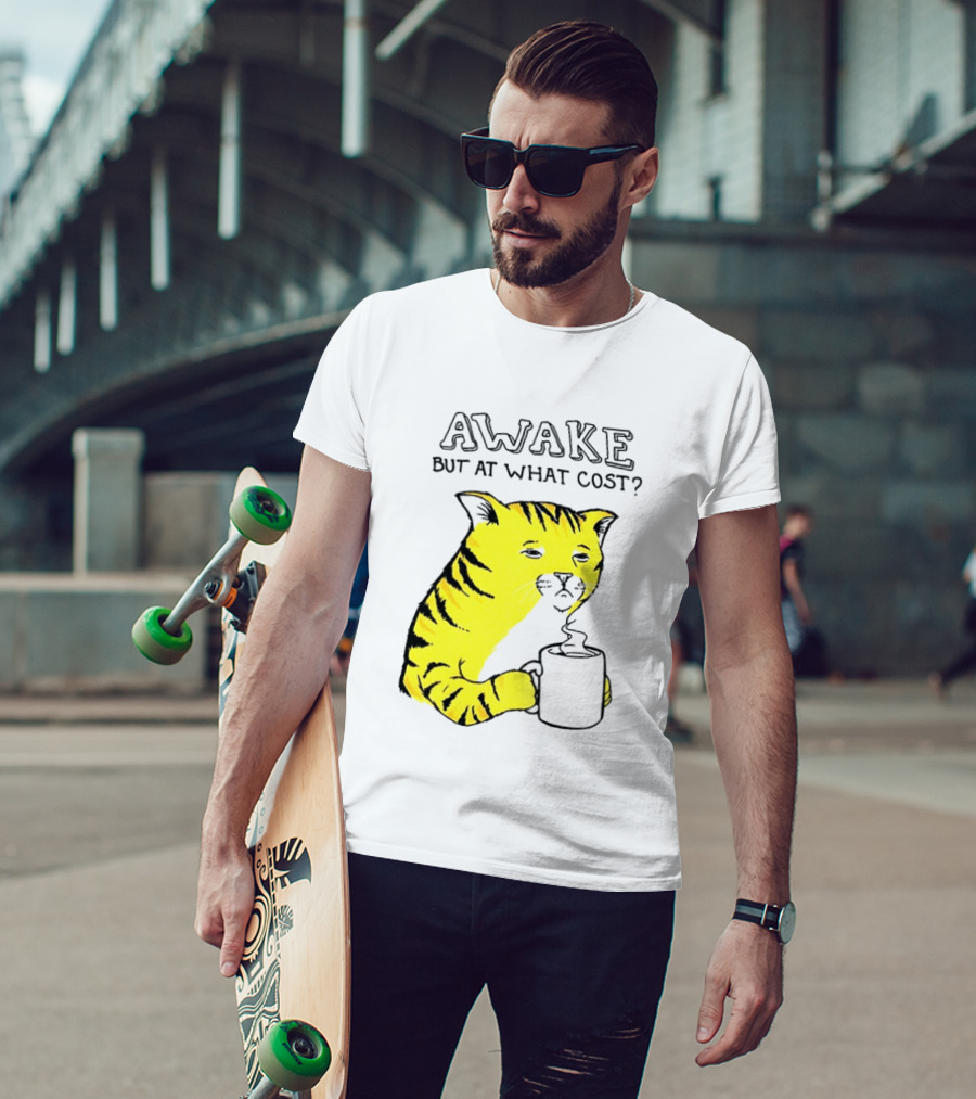 Awake At What Cost Tired Orange Cat Coffee T-Shirt