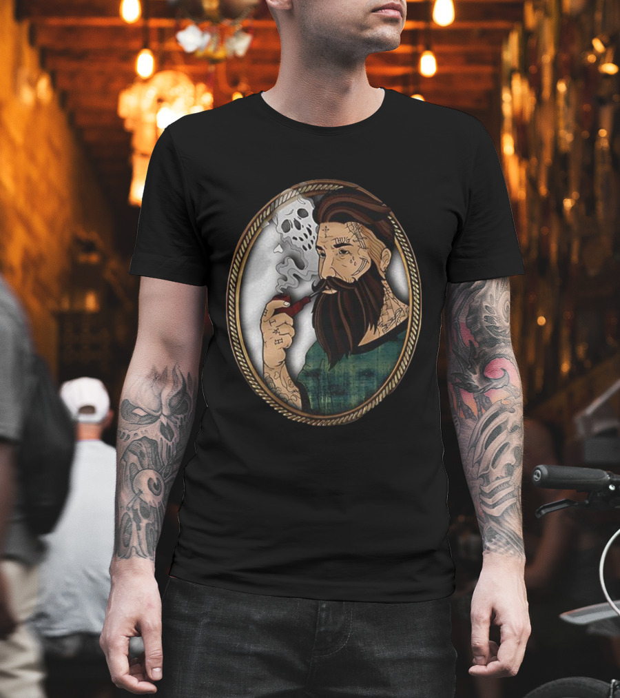 Old School Tattooed Man Smoking Pipe Retro Cartoon Image T-Shirt
