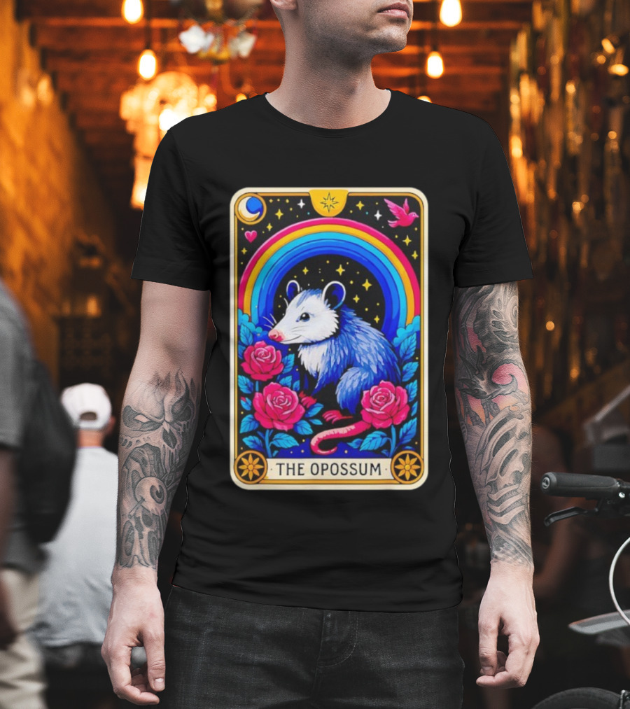 The Opossum Tarot Card Rainbow Moon Roses Stars T-Shirt