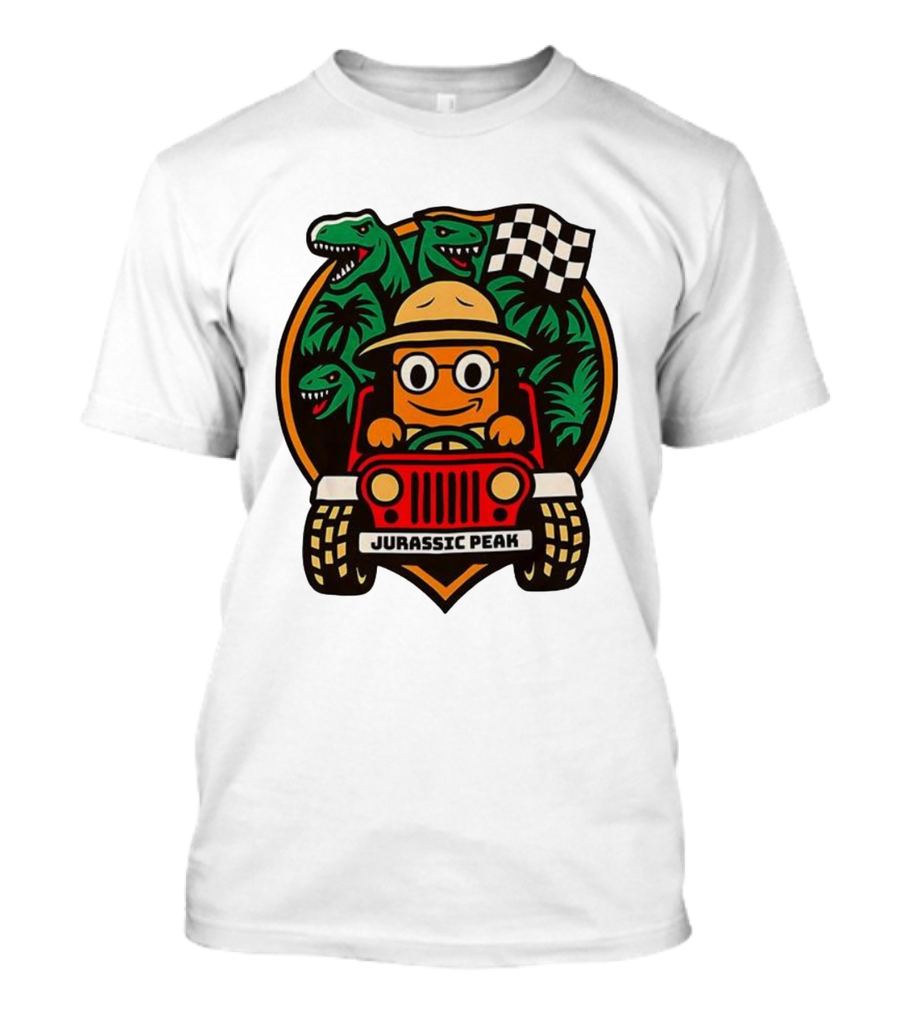 Jurassic Peak Safari Adventure Cartoon Dinosaurs Driving Explorer T-Shirt