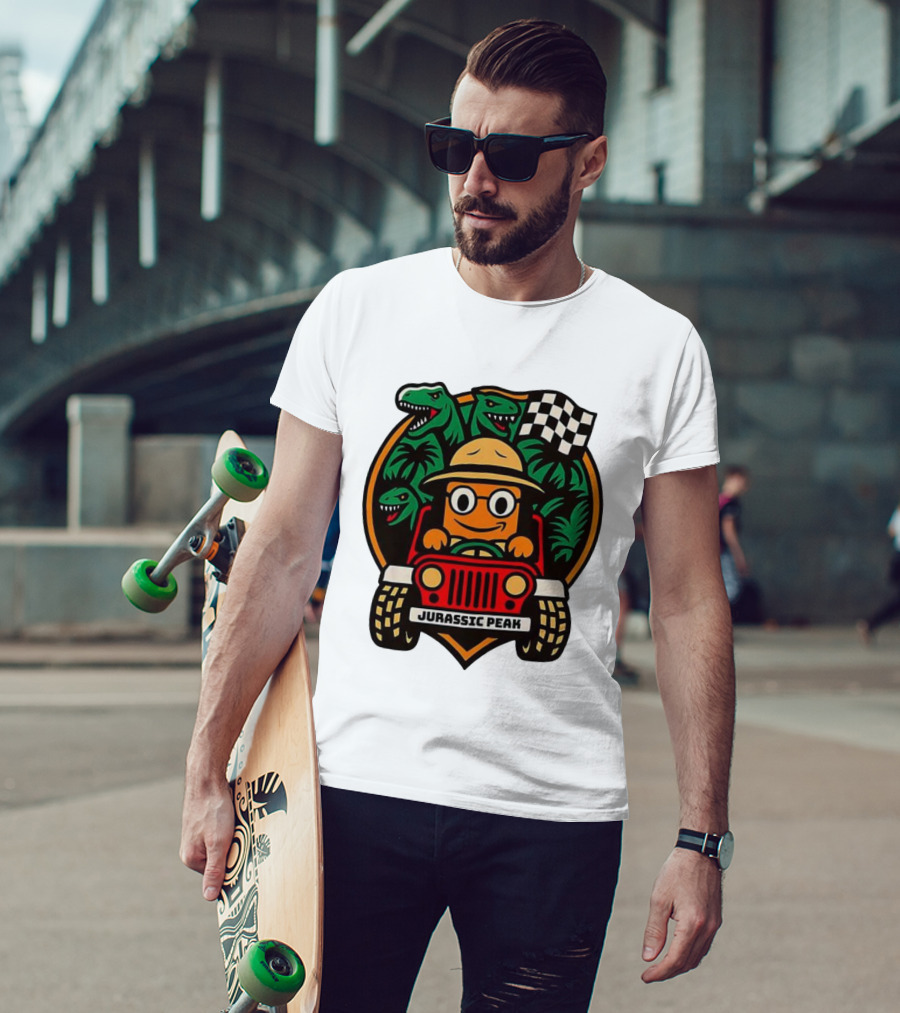 Jurassic Peak Safari Adventure Cartoon Dinosaurs Driving Explorer T-Shirt