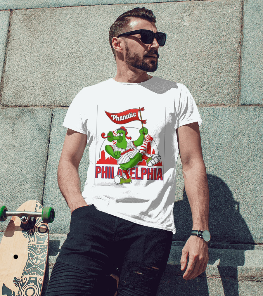 Phillie Phanatic Philadelphia Phillies Mascot Dancing With Skyline And Flag T-Shirt