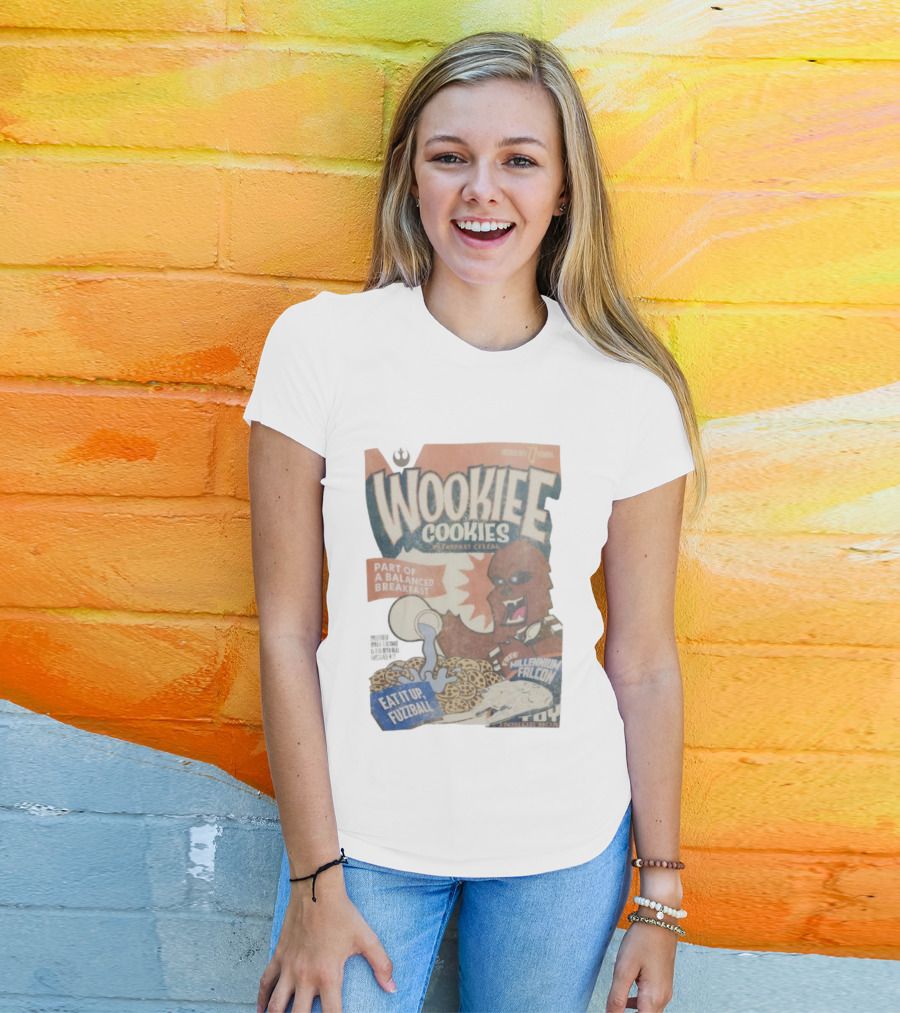 Wookiee Cookies Breakfast Cereal Eat It Up Fuzzball Free Millennium Falcon T-Shirt