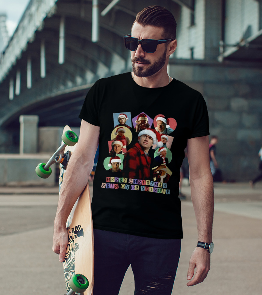 Merry Christmas Skin On Or Skin Off Santa Hat Collage T-Shirt