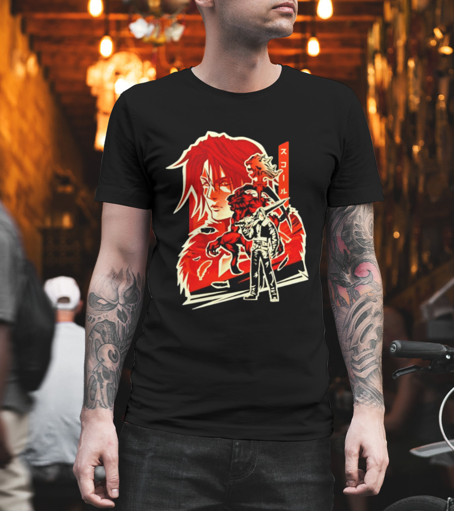 Squall Leonhart Final Fantasy Iconic Red Illustration with Katakana T-Shirt