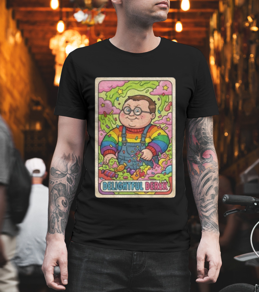 Delightful Derek Rainbow Cartoon Character in Vibrant 80s T-Shirt