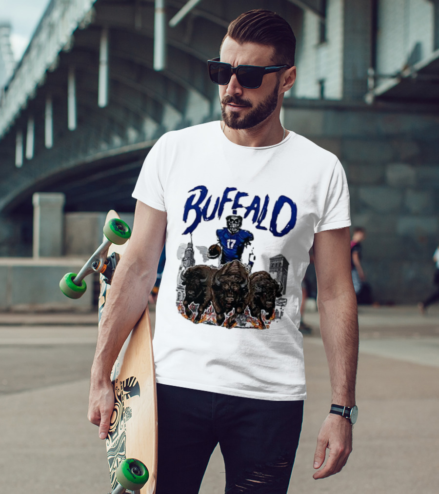 Buffalo Football Skeleton 17 With Charging Bison And City Skyline T-Shirt