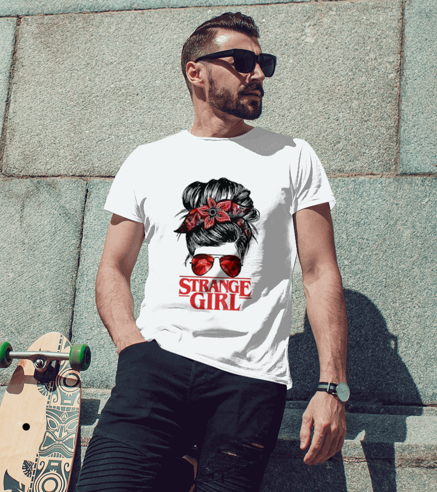 Strange Girl Red Floral Hair Scarf Messy Bun T-Shirt