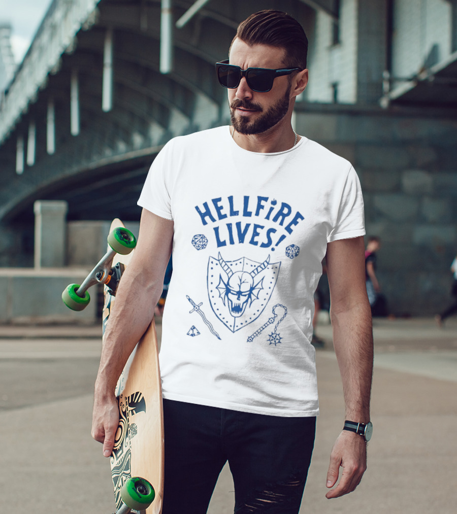 Hellfire Lives Metal Shield Skull Sword And Club T-Shirt