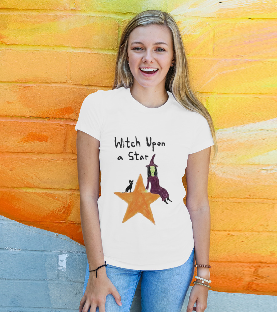 Witch Upon A Star Green Witch Purple Hat Orange Star Black Cat T-Shirt