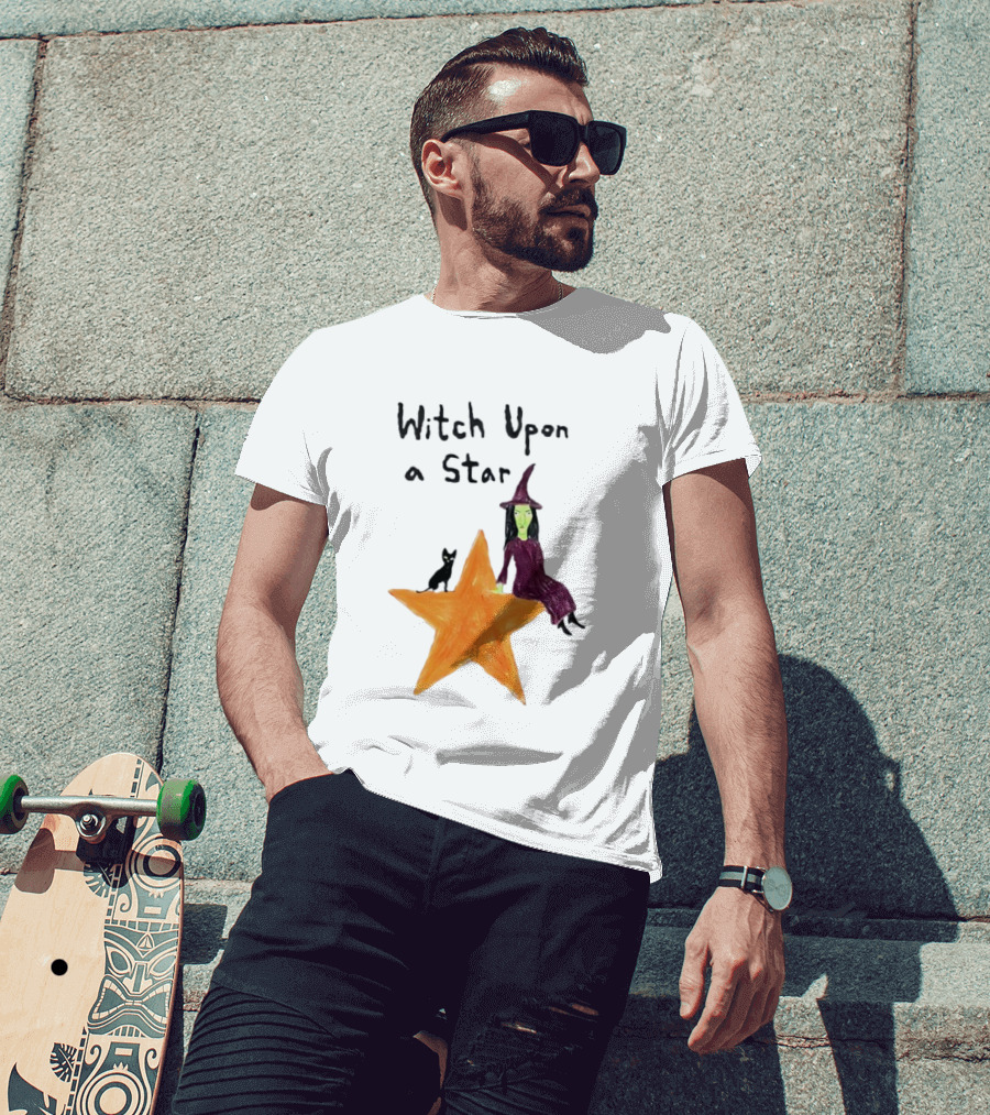 Witch Upon A Star Green Witch Purple Hat Orange Star Black Cat T-Shirt