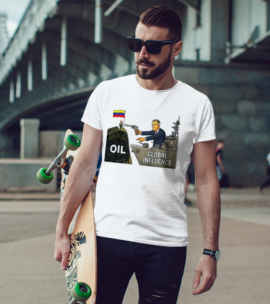 USA Venezuela Oil Conflict Political Satire Global Influence Cartoon Flags Gun Ship T-Shirt