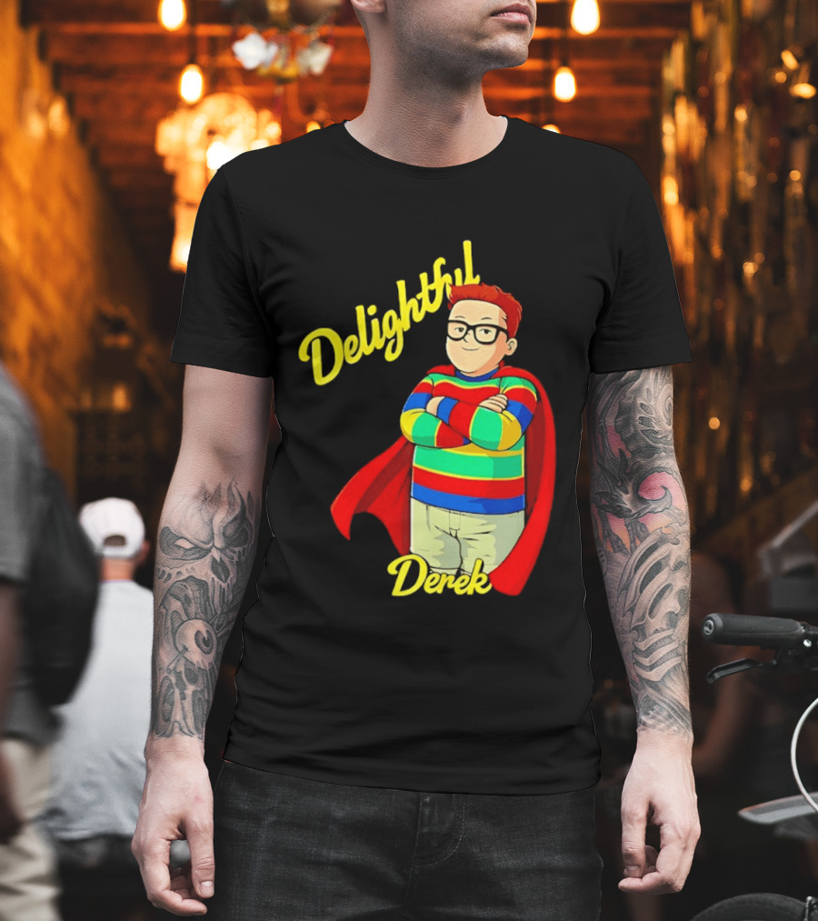 Delightful Derek Superhero with Cape and Stripes T-Shirt