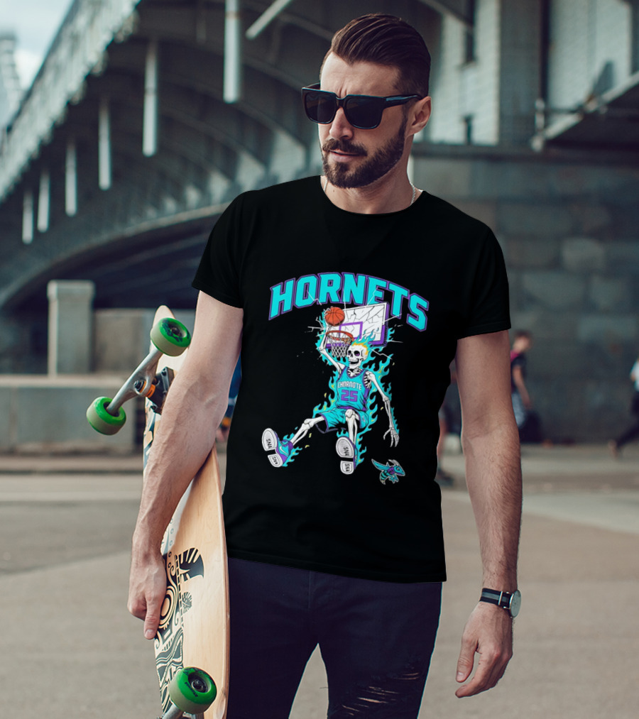 Charlotte Hornets Skeleton Dunking Basketball Retro Style Flame T-Shirt