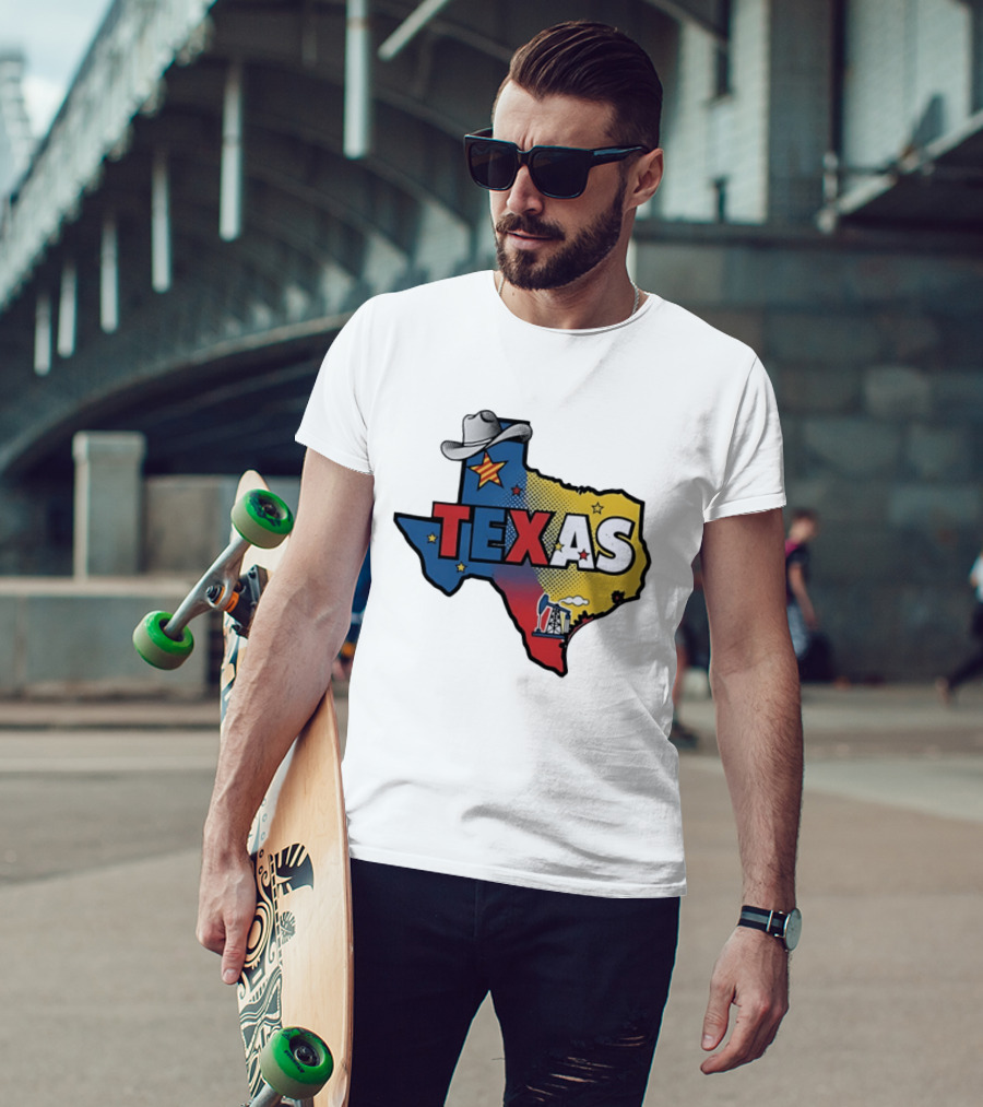 Texas Map Cowboy Hat Star Oil Rig T-Shirt