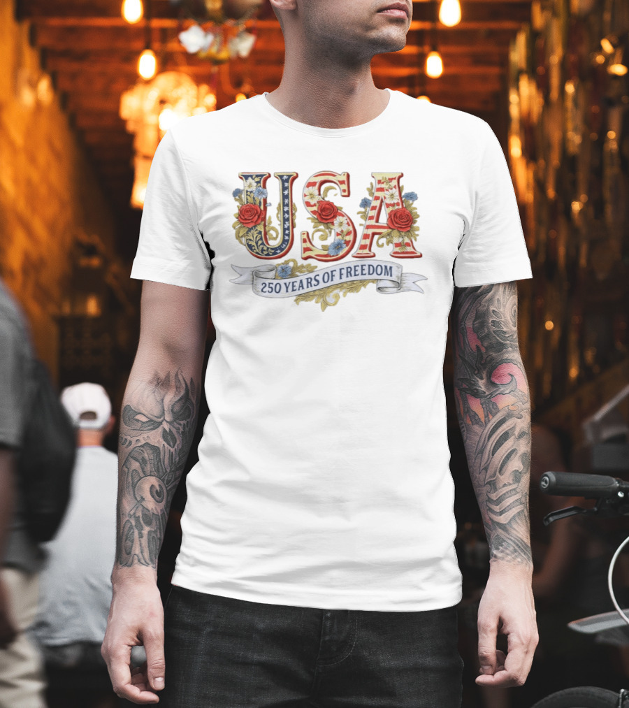 USA Patriotic 250 Years Of Freedom Floral 4th Of July Independence Day T-Shirt