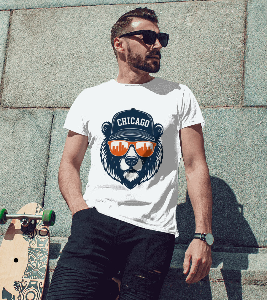 Chicago Bears Skyline 2026 Football City Bear With Hat And Sunglasses T-Shirt