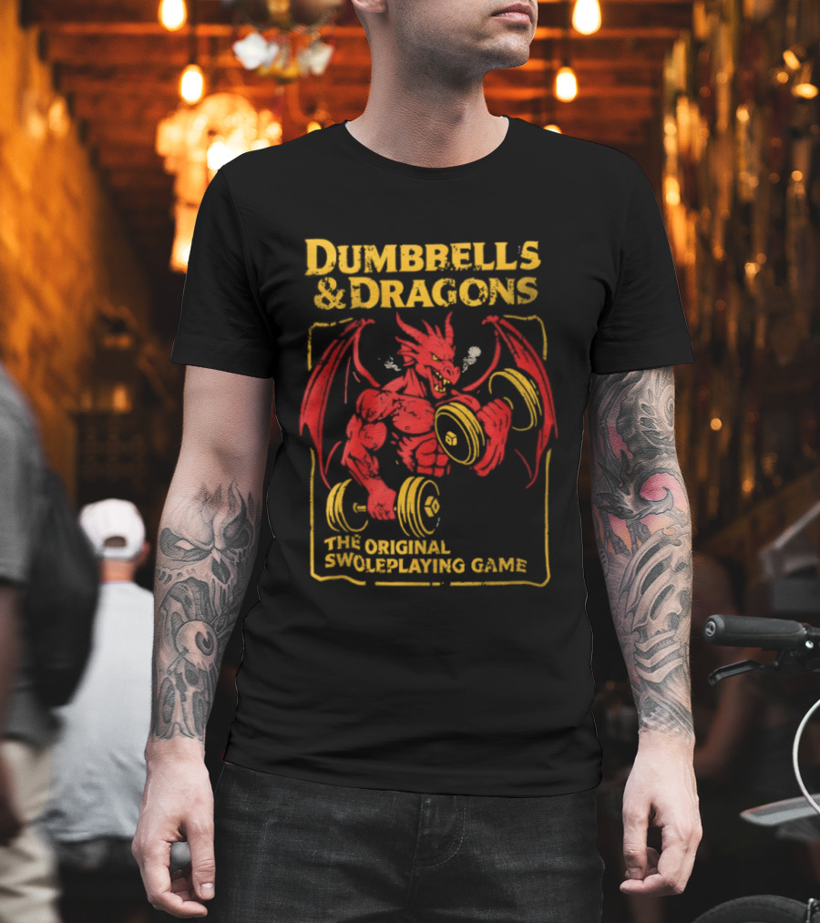 Dumbbells And Dragons The Original Swoleplaying Game Red Dragon Lifting Weights T-Shirt