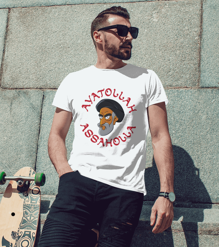 Ayatollah Asaholla Cartoon Face With Text In Red T-Shirt
