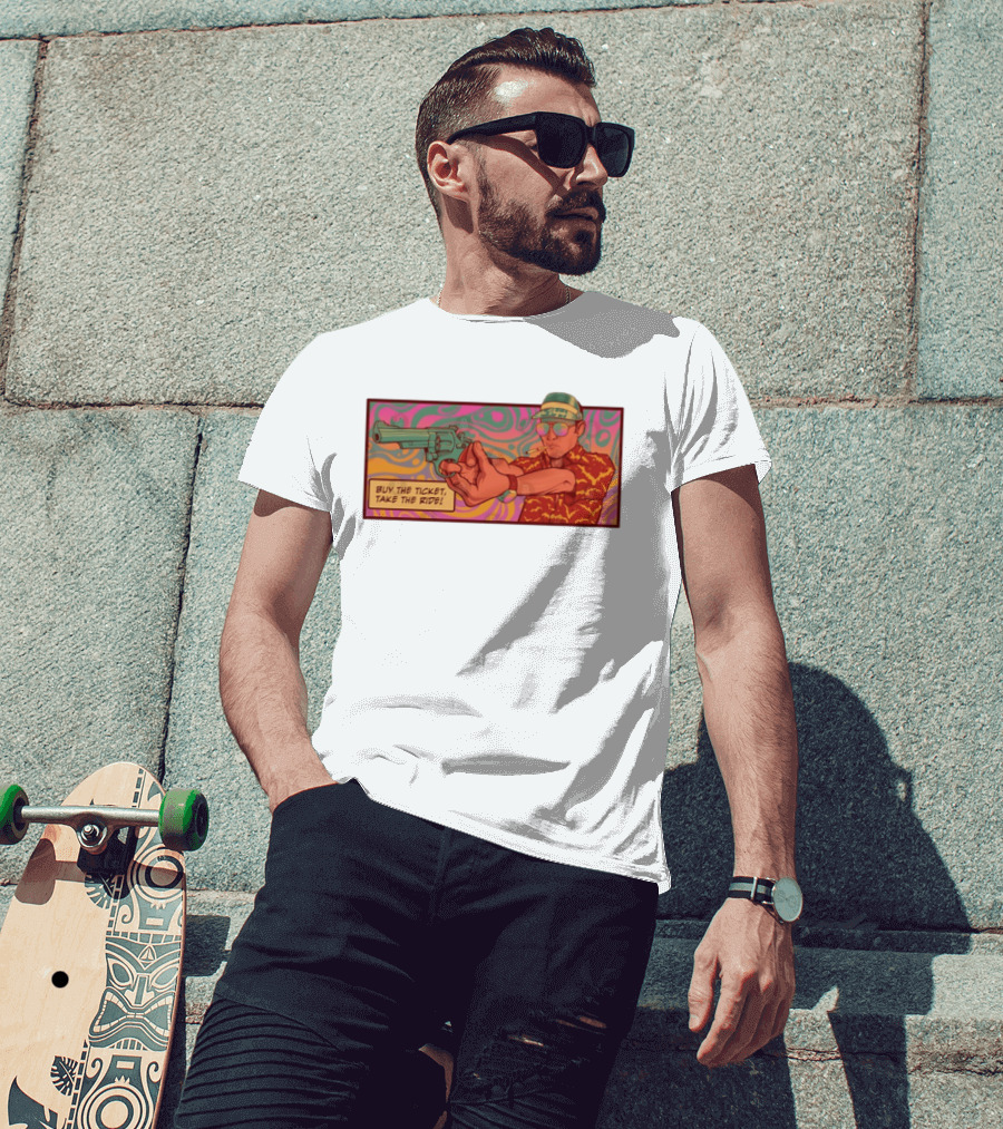 Raoul Duke Buy The Ticket Take The Ride Psychedelic Art Gun And Sunglasses Scene T-Shirt