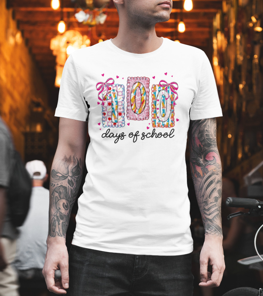 Colorful 100 Days Of School Celebration With Hearts And Bows T-Shirt
