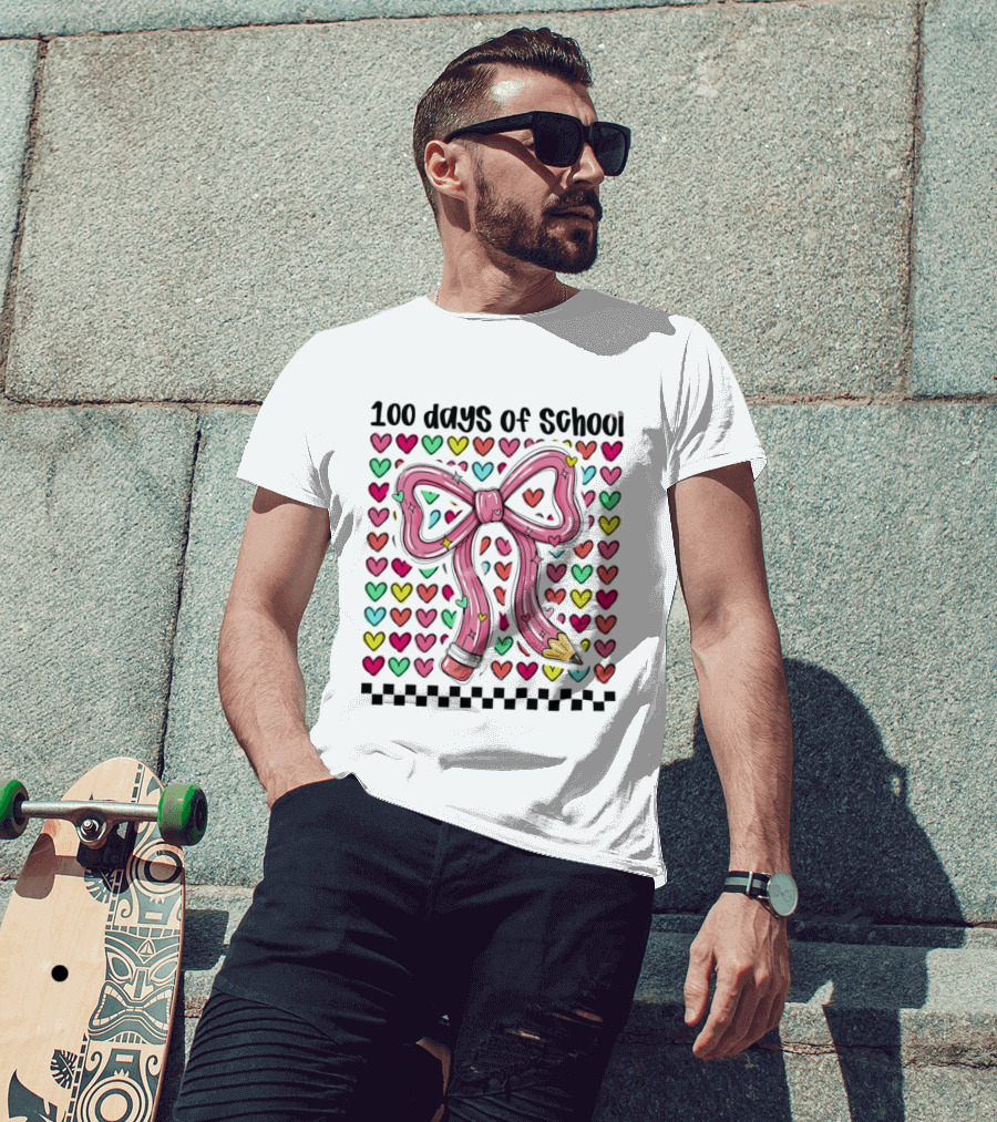 100 Days Of School Valentine Coquette Bow Pencil Hearts T-Shirt