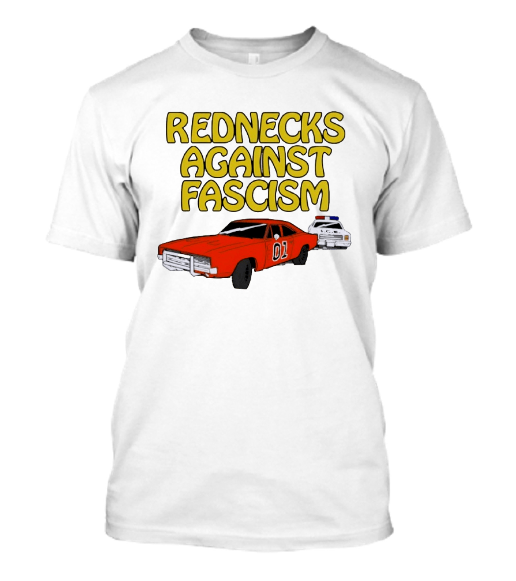 Rednecks Against Fascism Car Cartoon With 01 And Police Chase Scene T-Shirt