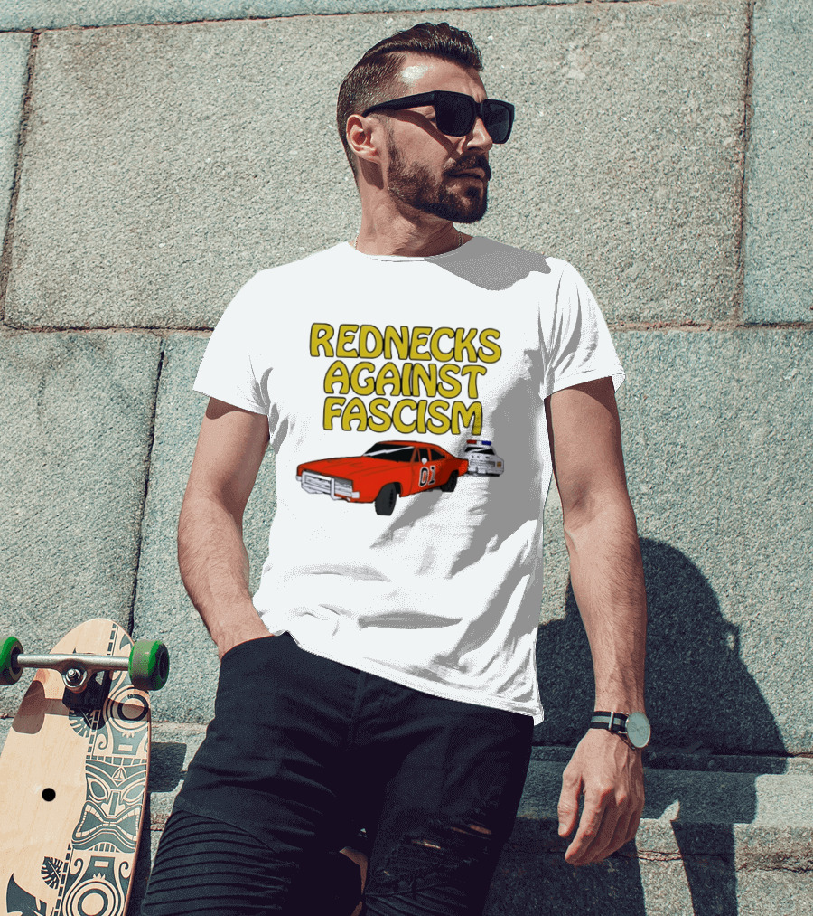 Rednecks Against Fascism Car Cartoon With 01 And Police Chase Scene T-Shirt