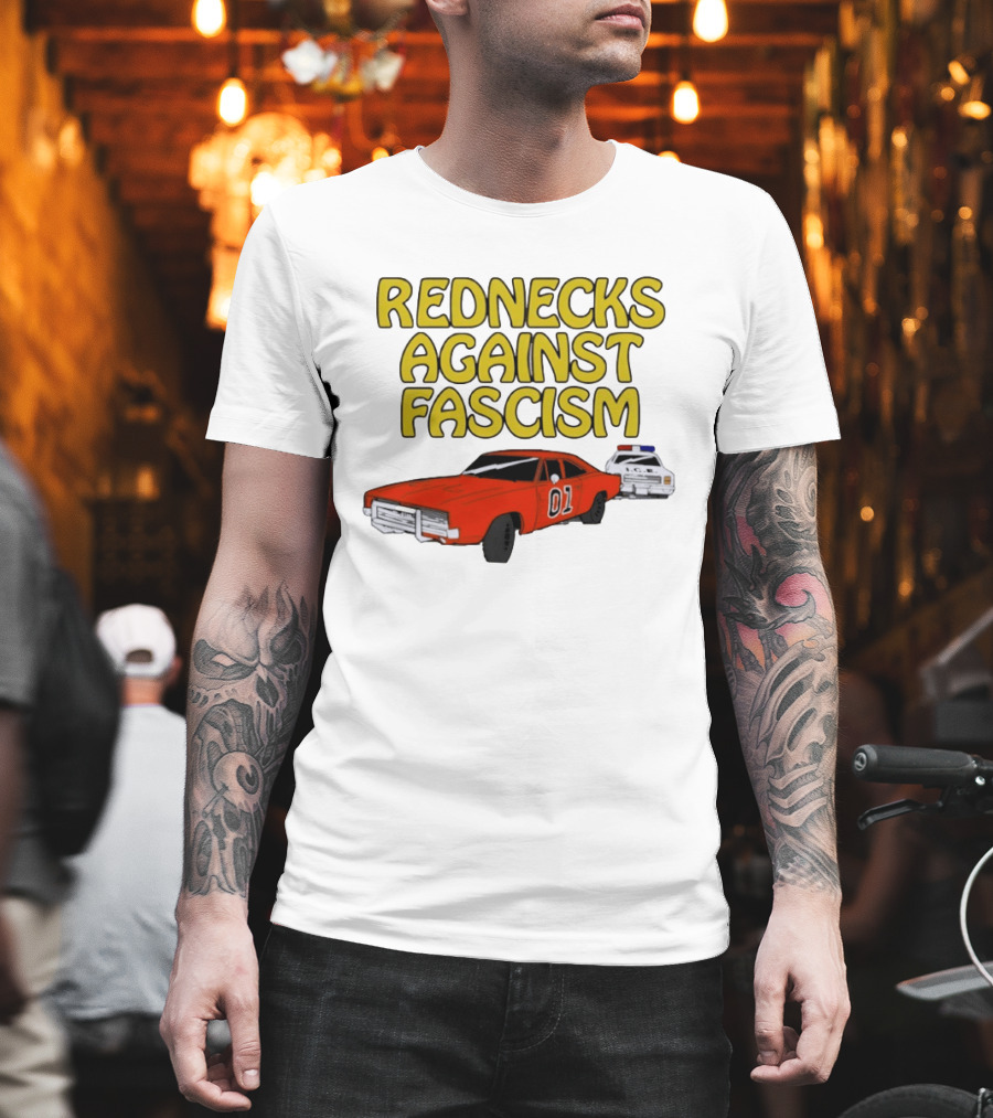Rednecks Against Fascism Car Cartoon With 01 And Police Chase Scene T-Shirt