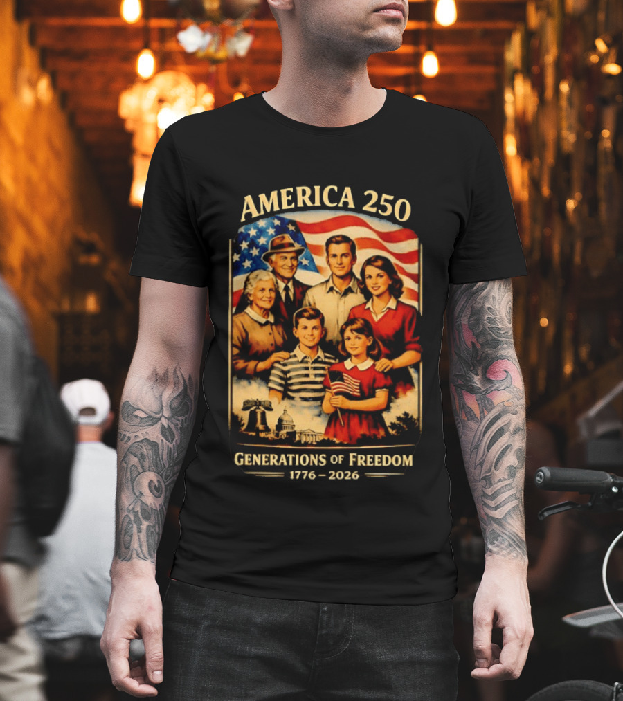 America 250 Generations of Freedom 1776 2026 Vintage Family with Flag T-Shirt