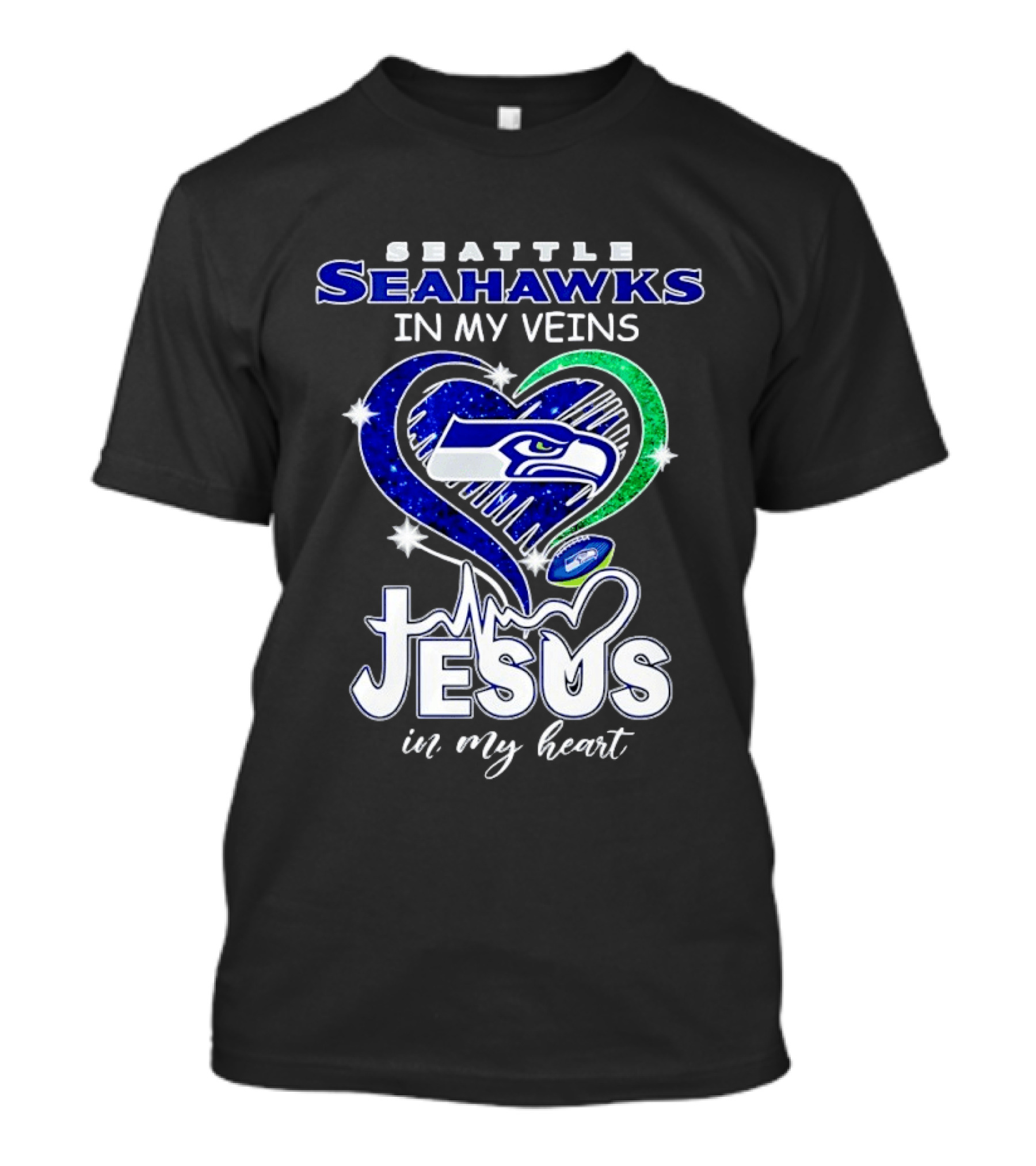 Seattle Seahawks In My Veins Jesus In My Heart Diamond Heartbeat T-Shirt