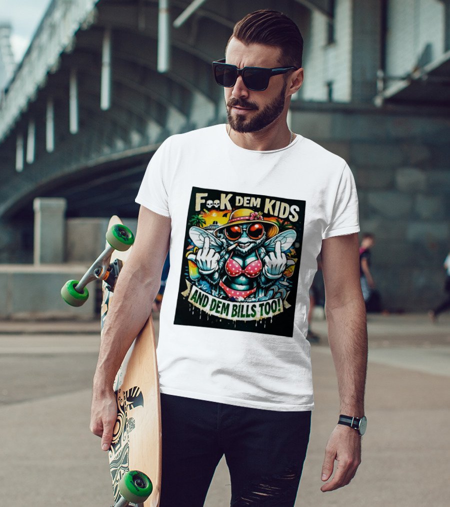 F**k Dem Kids And Dem Bills Too Tropical Vibe Alien Beach Scene T-Shirt