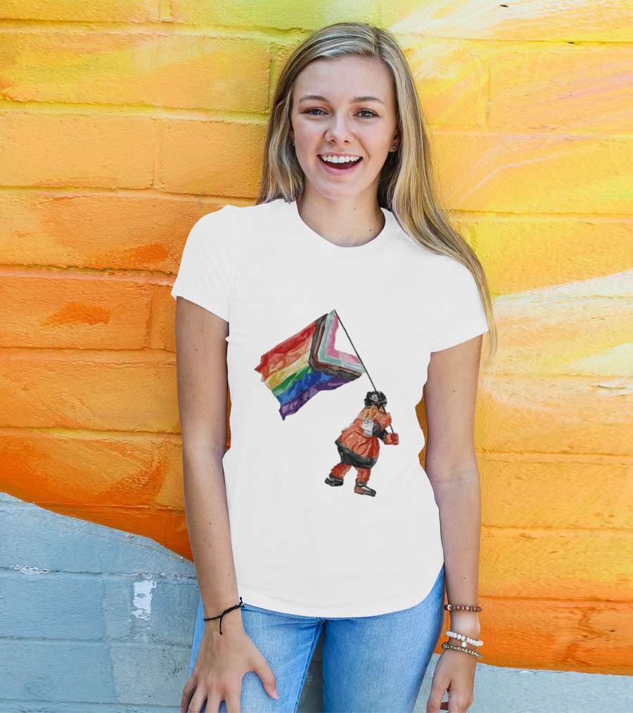 Philadelphia Hockey Mascot Holding Progress Pride Flag T-Shirt