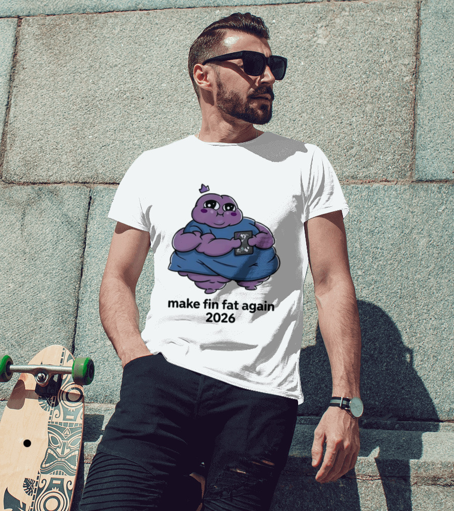 Make Fin Fat Again 2026 Cartoon Character Holding Card T-Shirt