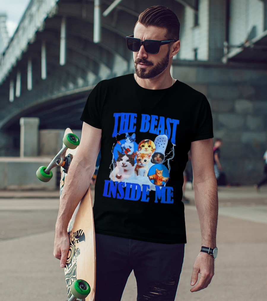 The Beast Inside Me Cat Collage With Blue Electric Accents T-Shirt