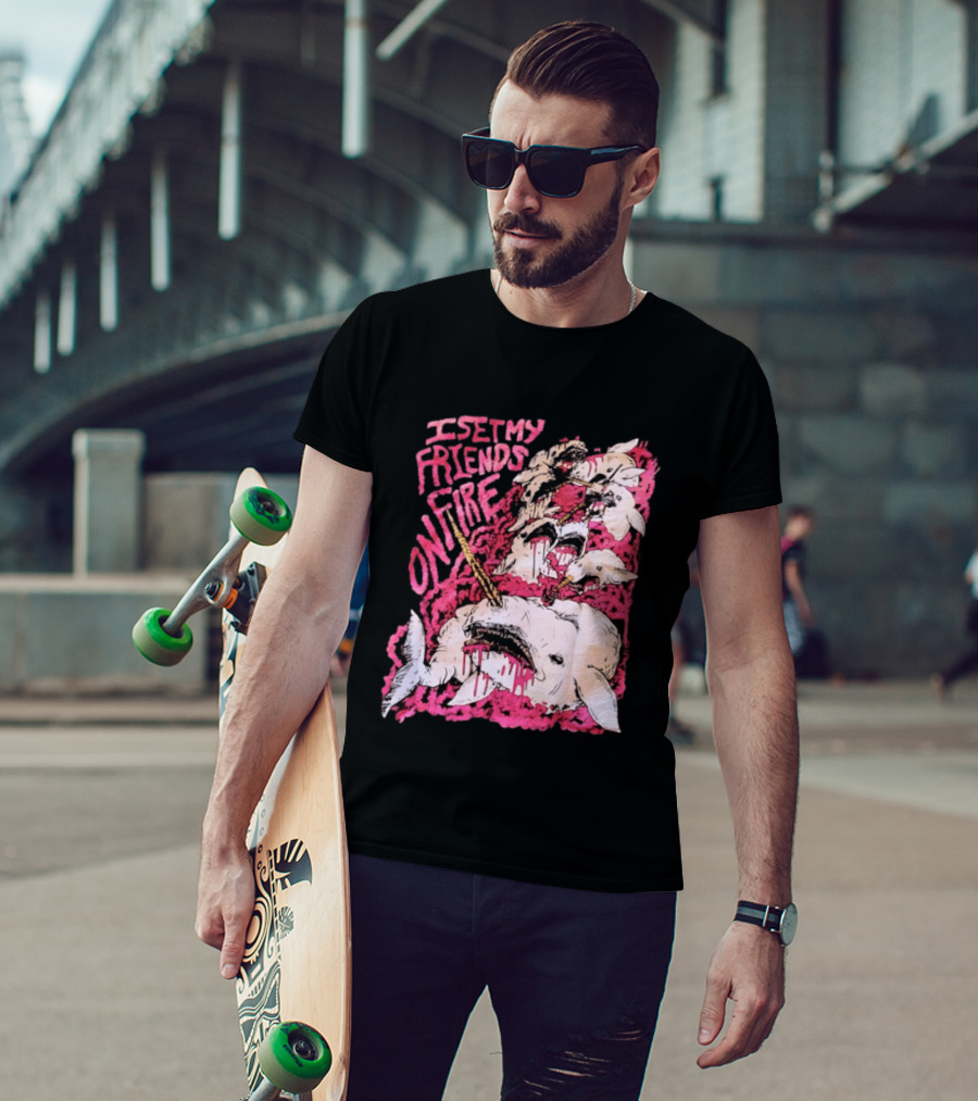 I Set My Friends On Fire Narwhal Pink And White T-Shirt