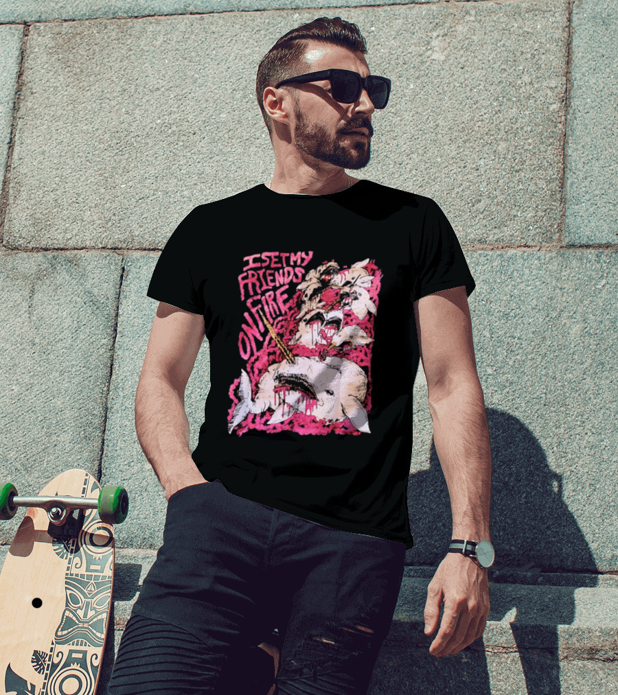 I Set My Friends On Fire Narwhal Pink And White T-Shirt