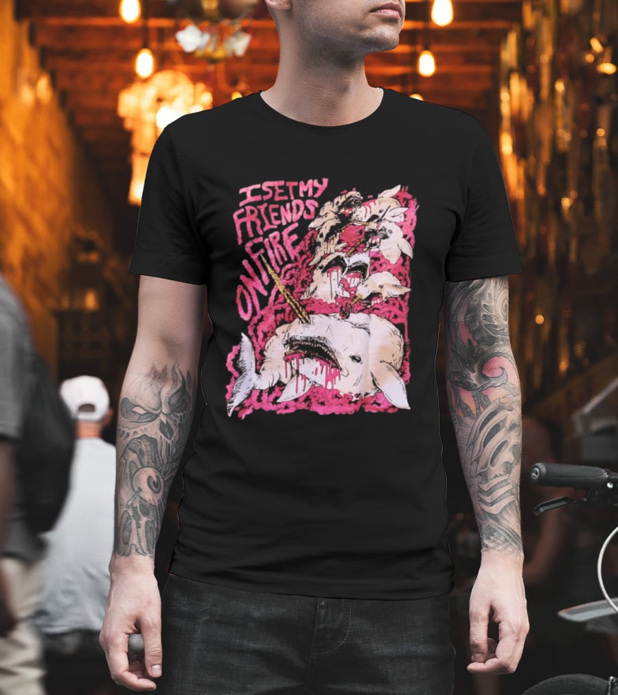 I Set My Friends On Fire Narwhal Pink And White T-Shirt