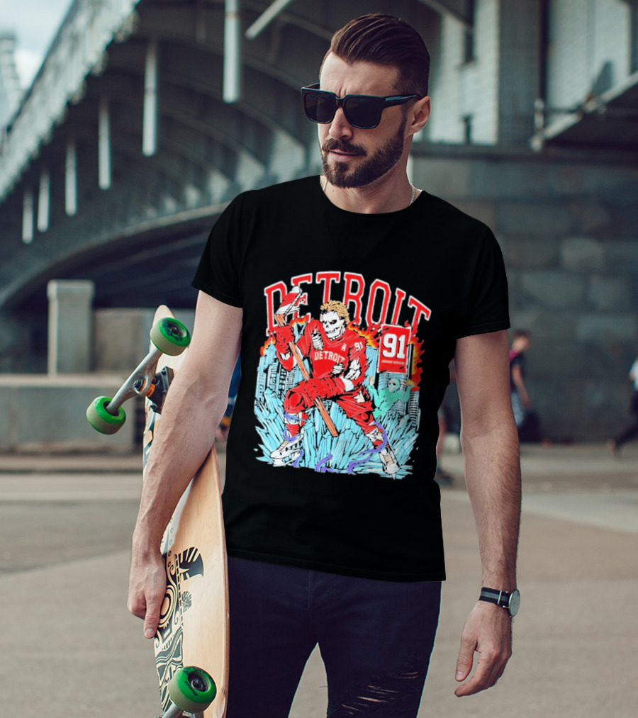 Detroit Hockey 91 Skeleton Player Red Jersey Cityscape Flame T-Shirt