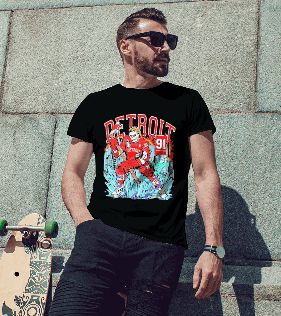 Detroit Hockey 91 Skeleton Player Red Jersey Cityscape Flame T-Shirt