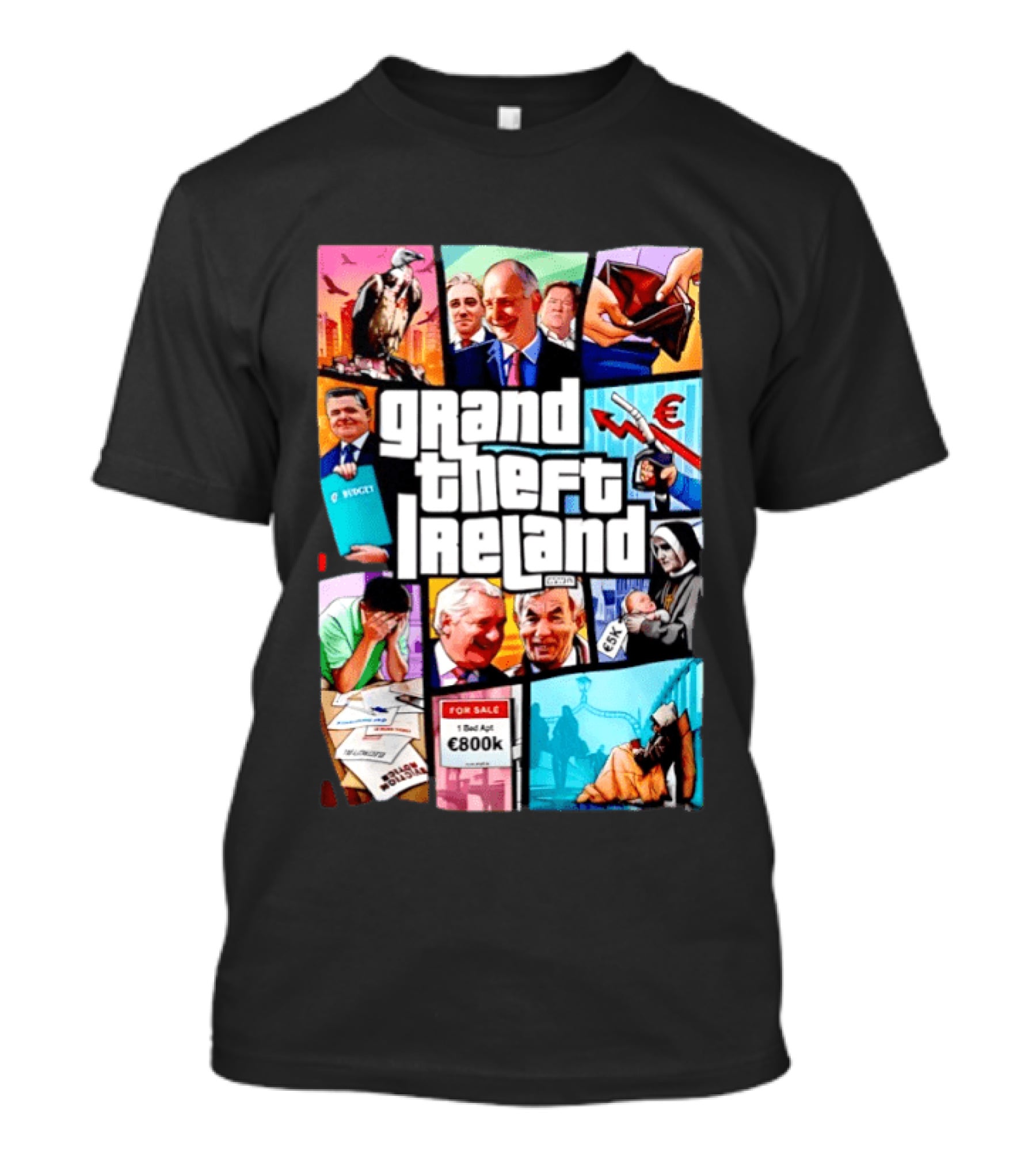 Grand Theft Ireland GTA 5 Parody Satire Style Illustration Irish Economy Politics Humor T-Shirt