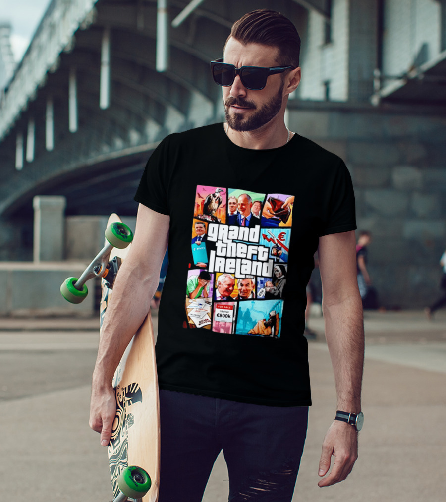 Grand Theft Ireland GTA 5 Parody Satire Style Illustration Irish Economy Politics Humor T-Shirt